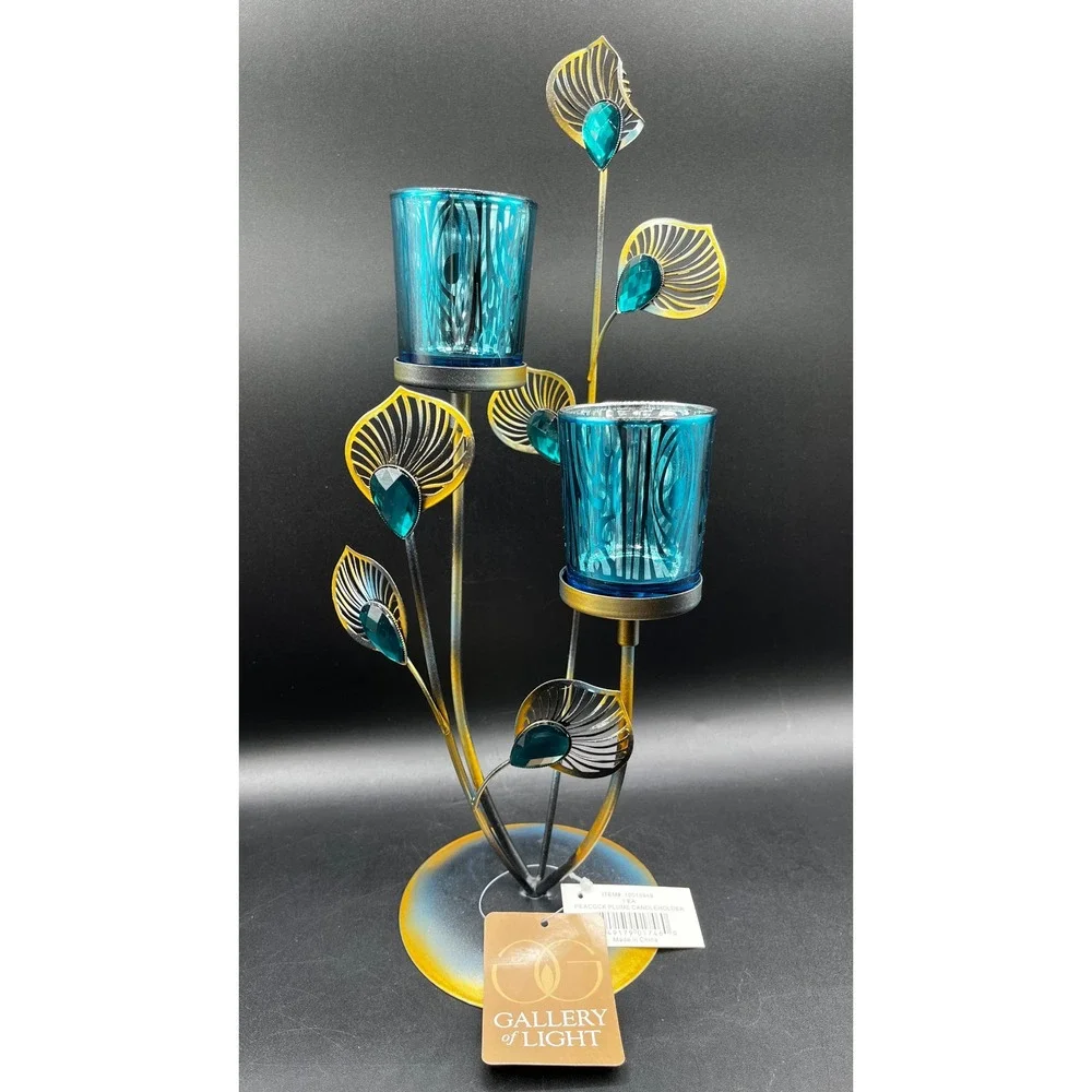 Gallery of Light Peacock Plume Metal Teal Glass Votive Candle Holder 10015949